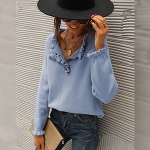 NEW BTFBM Women's Button Down Ruffle Knit Pullover Sweater Light Blue Small